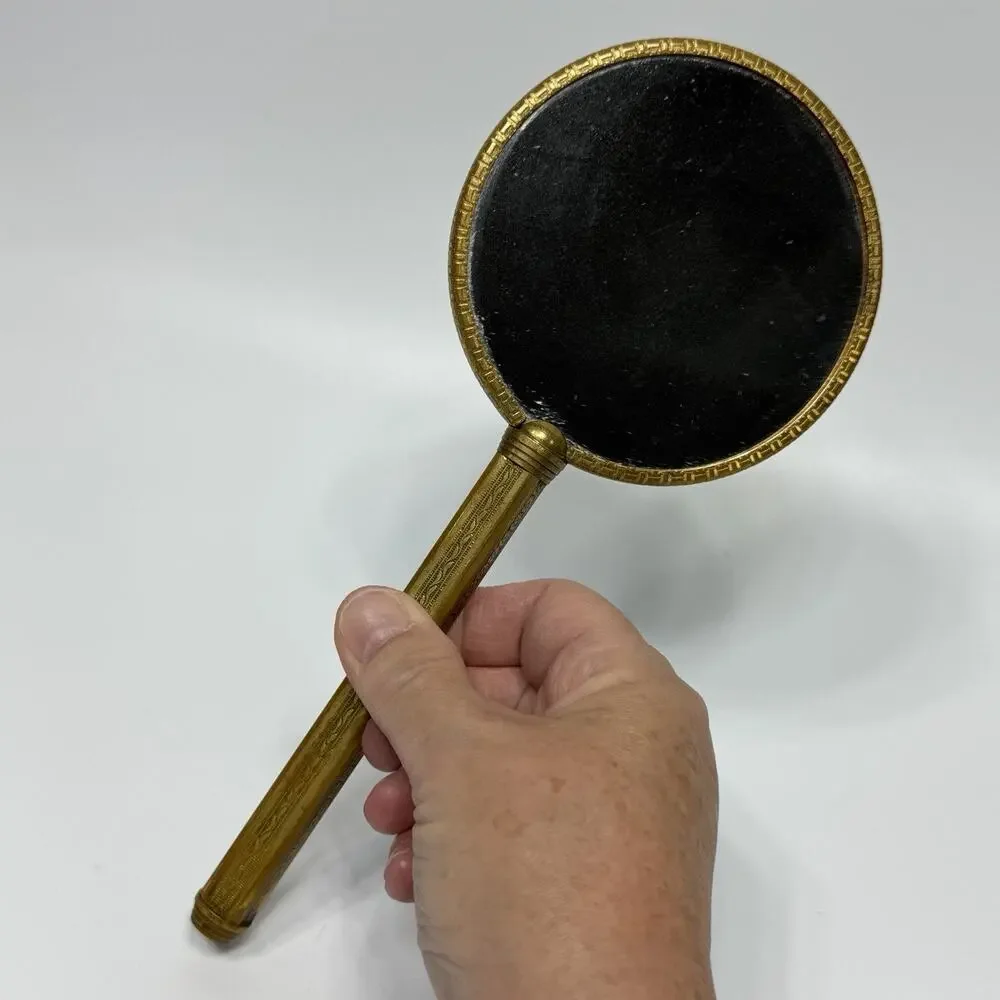 Vintage Round Brass Double Sided Hand Held Mirror Art Deco Floral Magnifying 9